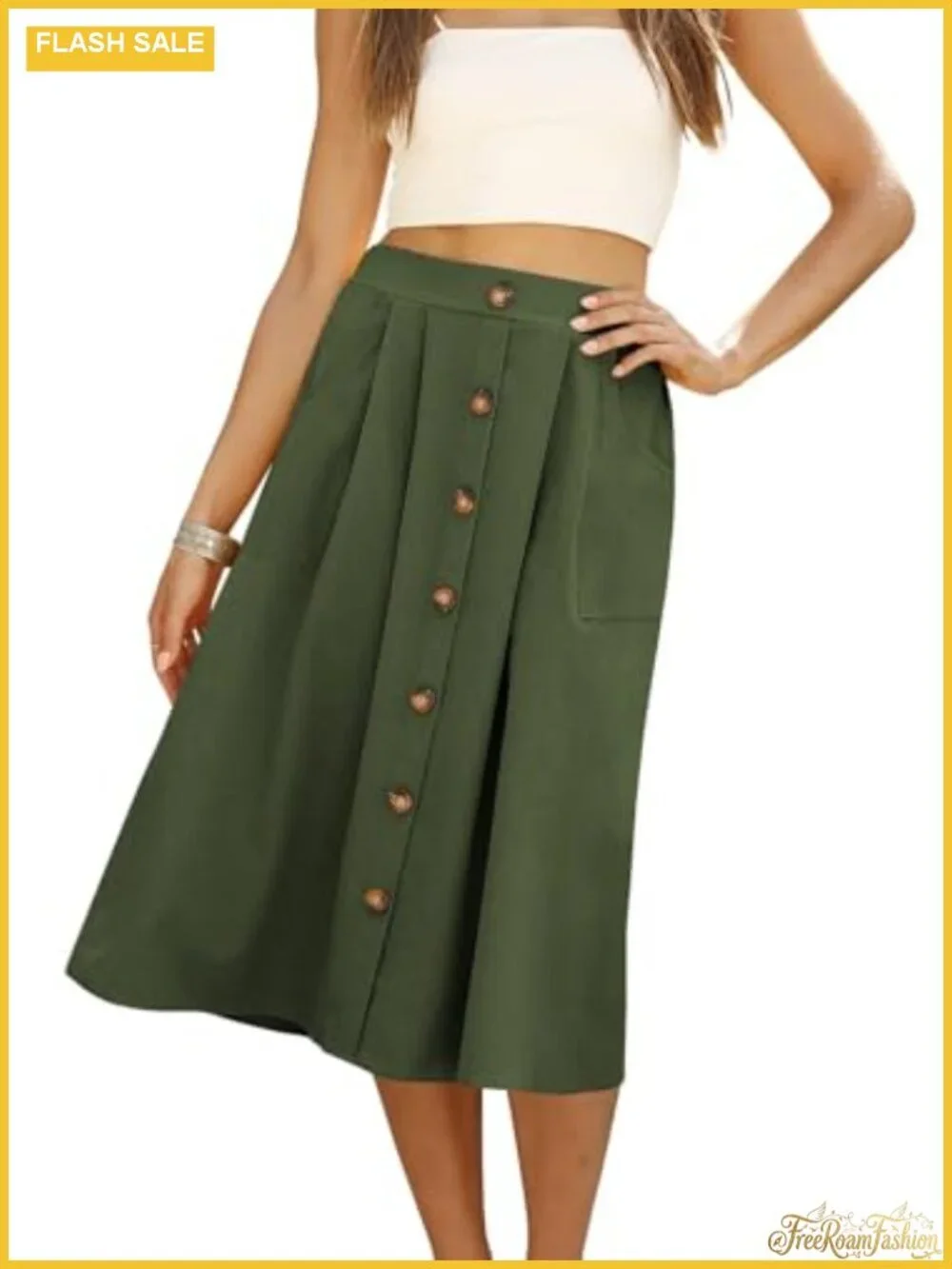 Women's High Waisted A-Line Midi Skirt with Pockets Casual Front Button